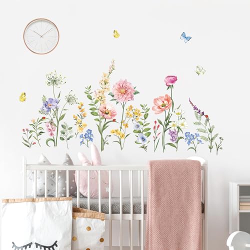 wondever Garden Flower Wall Stickers Poppy Peony Pink Floral Butterflies Peel and Stick Wall Art Decals for Living Room Bedroom TV Background
