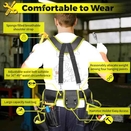 Tool Belt,Professional Tool Belts for Men with Suspenders,18 Pockets Heavy Duty Tool Pouch,Heavy Duty Detachable Adjustable Utility Belt Work Bags for Electrician,Carpenter (Yellow, Large)