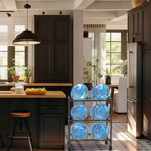 Heavy Duty 3 Tiers Water Rack Double Row with 4 Wheels - Space Saving Dispenser Stand 5 Gallon Water Storage Rack Bottle Jug Holder Organizer/Lockable&Removable Casters/Kitchen Office Garage/6 Slots