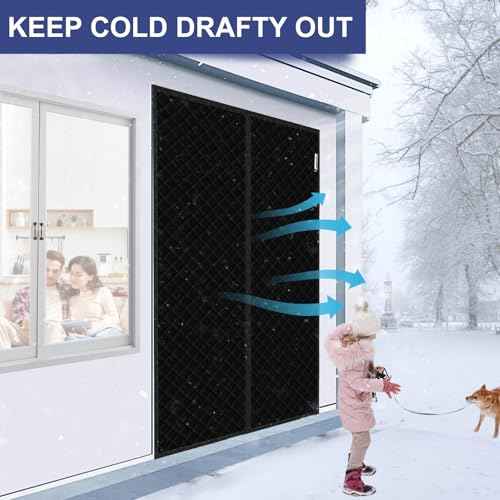 Magnetic Thermal Insulated Door Curtain Fit Door Size 72" x 80", Quilted Oxford Fabric Thicken Cotton Fill, Winter Door Cover Keep Cold Draft Out, Blanket Insulation for Front Patio Doors Black