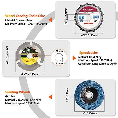 9PCS Angle Grinder Wood Carving Disc Set,Including 3 Wood Shaping Grinding Disc, Speedcutter, Wood Carving Chain Disc and 4 Sanding Wheels for 4" Or 4 1/2" Angle Grinder