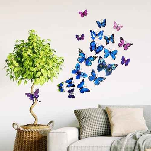 24PCS Butterfly Wall Decor, 3D Butterfly Decorations Wall Art Wall Decals with Magnets & 60PCS Adhesive Tapes 5 Styles Butterfly for Party Refrigerator Window Garden (Magnet Blue+Purple)