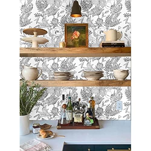 Blooming Wall Black White Elegant Modern Lotus Lily Leaf Peel and Stick Wallpaper Self-Adhesive Prepasted Wallpaper Wall Mural Wall Decor (17.7¡°x118¡±, Black/White)