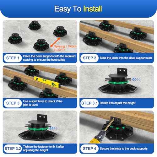 24Pack Upgraded Adjustable Deck Support Pedestal Paver Raising from 1-9/16" to 2-3/8", with Fastener Ring for Maximum Stability, Deck Foundation Base Support Flooring Joist Supports, Black