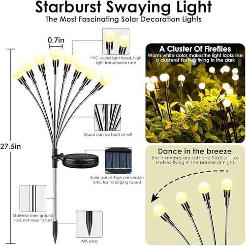OZS 10 Pack Total 80 LED Solar Garden Lights Fairy Outdoor - Solar Firefly Lights Outdoor, Sway by Wind, Waterproof for Garden Patio Pathway Fairy Decoration (Warm White)
