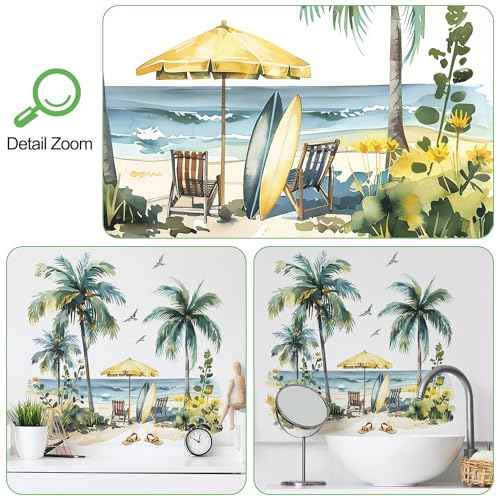 Tropical Palm Tree Wall Stickers Peel and Stick Summer Beach Wall Decals Large Sea Waves Beach Chairs Wall Art Decal for Living Room Bedroom Offiice Sofa TV Background Decor