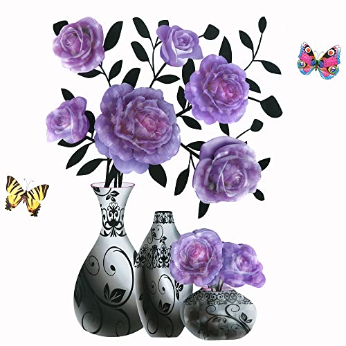 Supzone 3D Vase Stereo Flower Wall Stickers - DIY Purple Superposition Floral Decal - Removable Waterproof Art for Bedroom, Living Room, Offices, Study Room Home Decoration