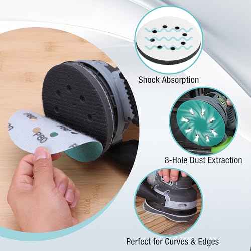 WORKPRO 5 Inch Orbital Sander Interface Pads and Sanding Discs, 3 Foam Buffer Pads & 3 Grit Sandpaper (80/120/240), 8 Hole Hook and Loop Soft Cushion Sponge Backing for Sander