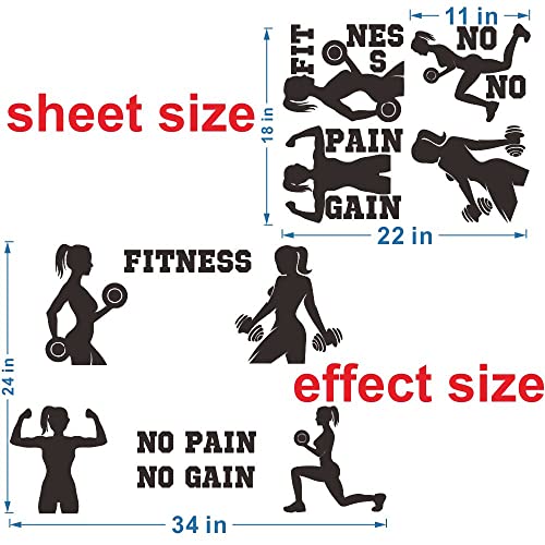 Women Fitness Wall Decal - ¡°No Pain No Gain¡± Motivational Quote with Girl Lifting Weights - PVC Removable Vinyl Sticker for Gym, Home Workout Room, Bedroom Decor - 34x24 Inch JWH177 (Black)