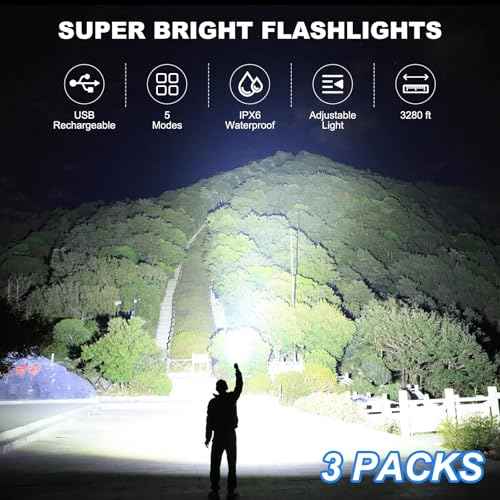 Rechargeable Led Flashlight High Lumens - 99,000lm Bright Powerful Flash Light with 5 Modes, Waterproof Handheld Linterna for Home, Camping(3 Packs)