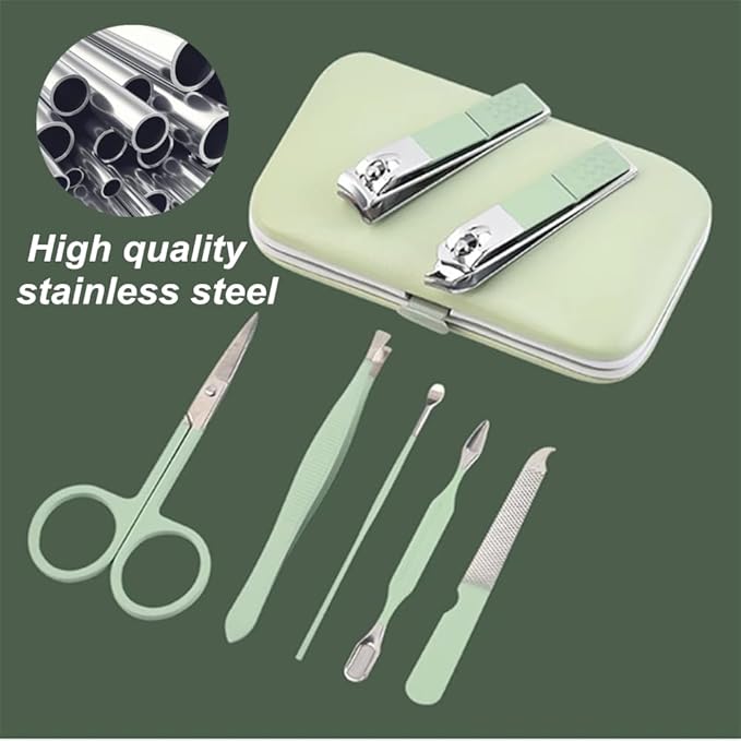 QURIPE 7pcs Manicure Set, Nail Clippers Kit, Stainless Steel Manicure Kit, Nail Clipping Tools Portable Travel Grooming Kit, The Best Gift with Luxurious Case (Green)