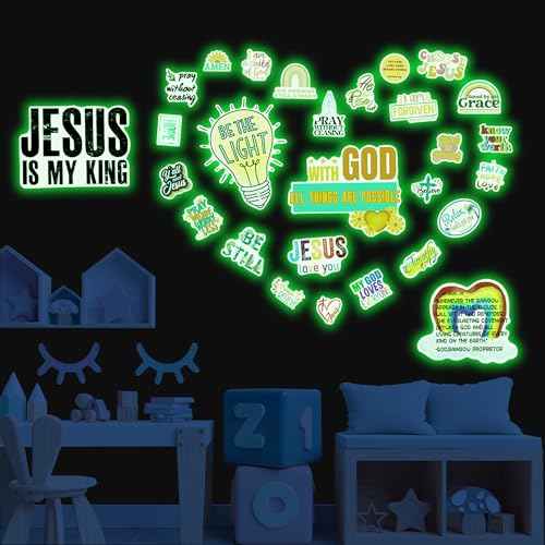 Jesus Christian Bible Wall Decals Glow in The Dark, Christ Faith Inspirational Motivational Room Decor, Positive Peel and Stick Wallpaper Kids Sticker