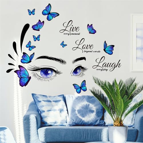 Blue Eyelash Eyes Butterfly Wall Stickers, sacinora Inspirational Quotes Motivational Word DIY Wall Decals Removable Vinyl Peel and Stick for Women Girl Kids Living Room Bedroom Nursery Art Decoration