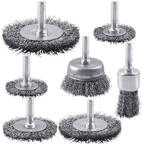 Rocaris 7-Pack Carbon Steel Wire Wheel Brush Set - Cup, Wheel, Pen Brushes with 1/4-Inch Round Shank for Rust Removal, Corrosion and Scrubbing Surfaces