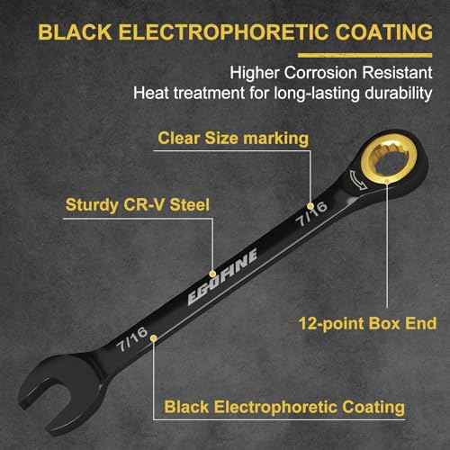 Egofine 7/16 Ratchet Wrench, 7/16 Wrench Ratcheting Combination Wrenches SAE, Industrial Grade Gear Spanner with 12 Point Box End, 72-Teeth Ratchet Black Electrophoretic Coating,CR-V