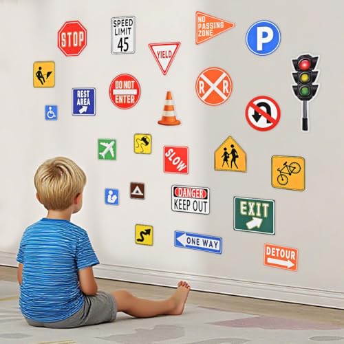 Road Signs Room Decor, 25 Pieces Traffic Sign Wall Stickers, Street Transportation Decals for Kids Bedroom Classroom Playroom Nursery Decoration