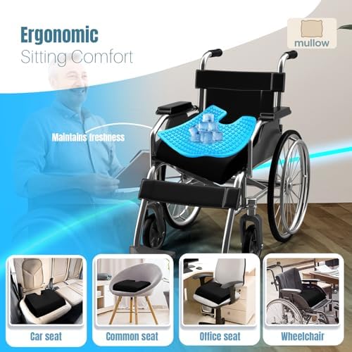 Mullow® Gel Wheelchair Seat Cushion | Anti-Slip Chair Pad for Adults & Seniors | Coccyx, Sciatica, Back & Ulcer Pain Relief | Waterproof Cover, Strap