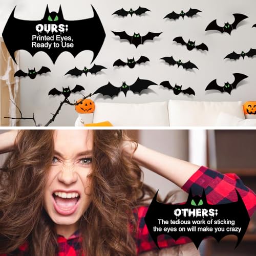 Halloween Bats Decorations Indoor - 110 Pcs With Glow in The Dark Eyes, 3D Wall Decor, 5 Styles, 136 Pcs Double-Sided Tape Included
