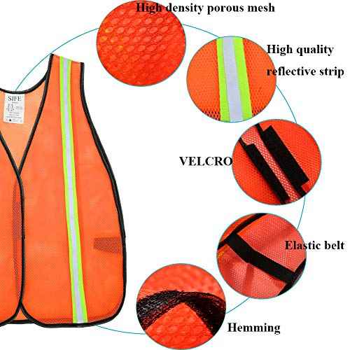 SIFE 10 Pack High Visibility Reflective Safety Vest,Made from Breathable and Neon Orange Mesh Fabric with Stretchable design,light weight for Man and Woman(Orange, 10 pack)