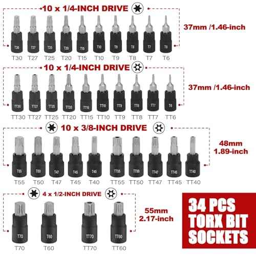 34-Piece Torx Bit Socket Set, 1/4", 3/8" and 1/2" Drive T6-T70 Solid Star Socket Set and Tamper Proof Torx Bit Socket Set,S2 Steel Bits and CR-V Sockets with Storage Case