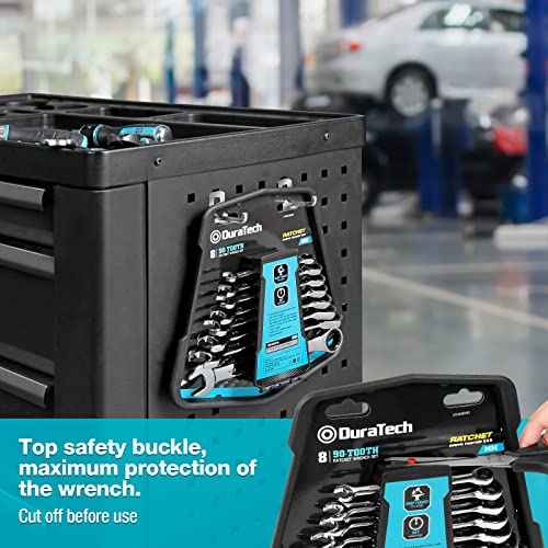 DURATECH 90-Tooth Ratcheting Wrench Set, Combination Wrench Set, 8-Piece, Metric, 8, 10, 12, 13, 14, 15, 17, 19mm, CR-V Steel, Organized in Wrench Rack