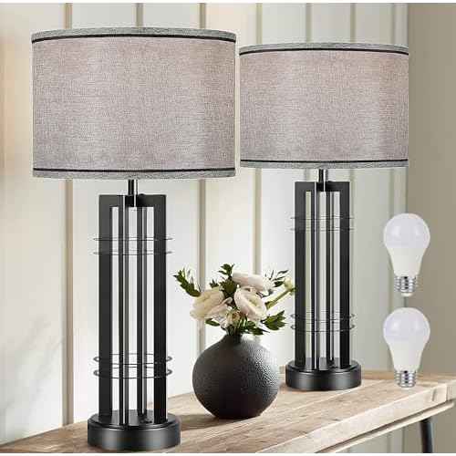 27in Tall Table Lamps for Living Room Button Control Farmhouse Rustic Table Lamps Set of 2 SideTable Lamps Black&Grey Bedroom Lamps for Bedside Nightstand End Table 2025 New