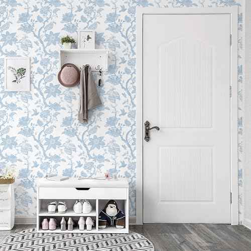 Boho Blue Peel and Stick Wallpaper Wall Paper Modern Contact Paper Boho Bedroom Bathroom Wallpaper Peel and Stick Blue and White Removable Self-Adhesive Wall Decor Vinyl Roll 17.3" x 118"