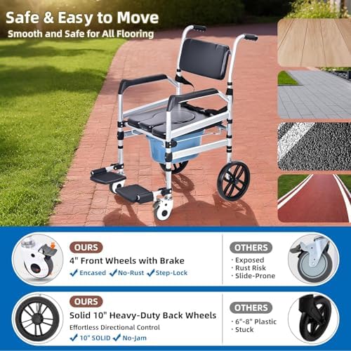 TooCust Heavy-Duty Rolling Shower Chair with 10" Solid Wheels, Shower Chair with Wheels for Elderly and Disabled, 350lbs Capacity Shower Wheelchair, 4-in-1 Commode Chair, Safety Straps, Water-Resistan