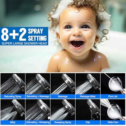 AMORIX Shower Head 12" Rain Shower Heads with Handheld Spray Adjustable Extension Arm with Low Diverter, Filtered Rainfall Shower Head High Pressure 10 Setting Hand Held Built-in Power Wash + 79" Hose