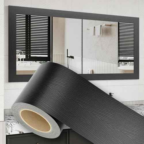 10M Peel and Stick Wallpaper Borders 390¡± x 4¡± Self Adhesive Mirror Frame Border Wood Grain DIY for Kitchen Bathroom Mirror Removal Border Sticker Wall Decor Cover 10.8 Sq.Ft, Black Wood