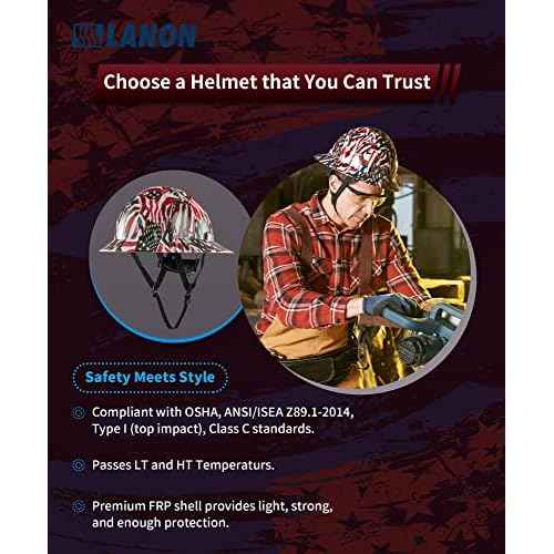 LANON Full Brim Hard Hat, OSHA Construction Work Approved, Premium American Flag Design, FRP Safety Helmet with 4 Point Adjustable Ratchet Suspension, Class C