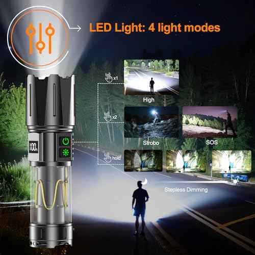 Super Bright Flashlight High Lumens 10000 Rechargeable, Powerful 30W LED, Long Lasting 30H, Daul Bottons 10 Modes with Side Light, Quick USB C Charge & Output, Multi-functional for Home Camping Hiking