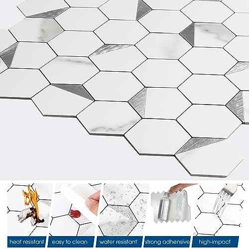 Hexagon Peel and Stick Backsplash Tile,12x12 inches Marble White Mixed Silver Metal 3D PVC Wall Tiles Stick on Backsplash for Kitchen and Bathroom Sample