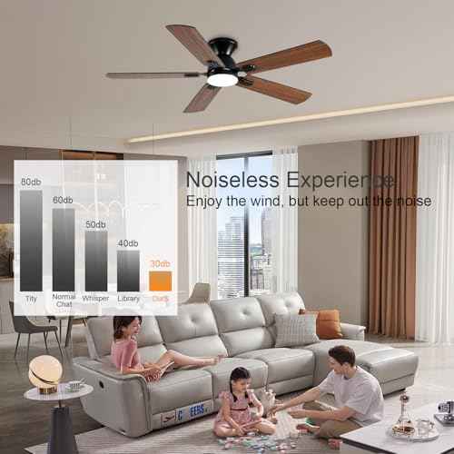 Ceiling Fans with Lights, 52 Inch Low Profile Ceiling Fan with Light and Remote, Flush Mount Ceiling Fan, 3CCT, Dimmable, Noiseless, Ceiling Light Fan for Bedroom, Indoor/Outdoor Use,Brown