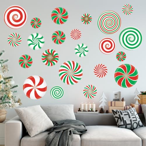 Christmas Holiday Decorations, Red and Green Swirl Candy Cane Peppermint PVC Wall Decals, 64 Pieces