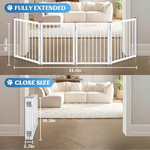 Freestanding Short Dog Gate, 16.5" Tall Small Pet Gate Easily Step Over, Metal Foldable Pet Gate, Up to 51" Wide Puppy Fence, Gate for Stairs and Doorways, Indoor, Outdoor Use, No Drill Pressure Mount
