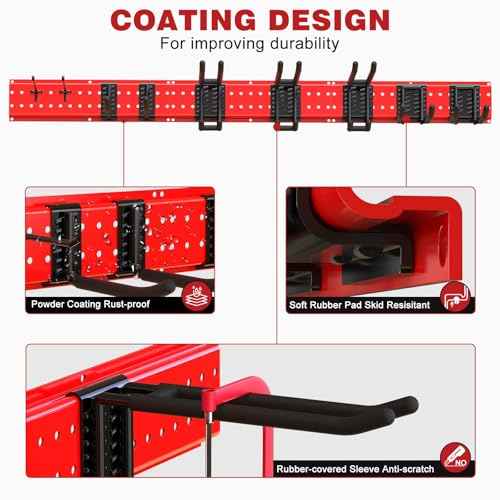 Garage Tool Organizer Wall Mount 49.5inch With 9 Hooks,Shovel Holder Wall Mount Ski Rck for Garage Garden Tool Rack Heavy Duty(Red)