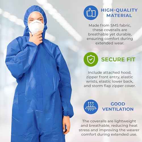 AMZ Medical Supply Blue Disposable Coveralls with Hood, Medium Size. Pack of 5 Hazmat Suits Disposable with Front Zip, Elastic Wrists & Ankles. 50 GSM SMS Painters Coveralls. Waterproof Paint Suit