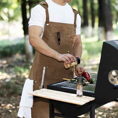 Tosewever Work Aprons for Men with Large Pockets, Canvas Cross Back Heavy Duty Adjustable Tool Aprons for Chef Cooking BBQ