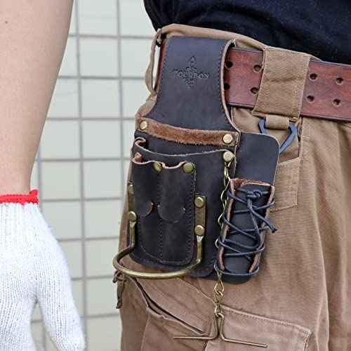 Tourbon Leather Multifunctional Electrician's Tool Pouch with Tape Chain 5 Pockets Carpenter's Bag Hammer Bull Pin Holder Dark Brown