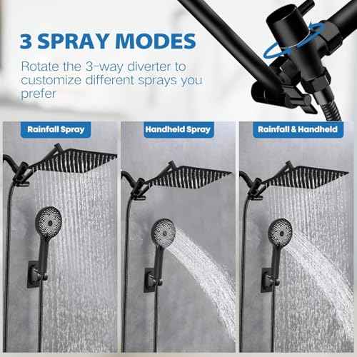Shower Head,12¡±Rain Shower Head with Handheld Spray Combo with 11'' Angle Adjustable Extension Arm/Flow Regulator/Shower System,High Pressure Rainfall Shower Head Clean Bathroom,Matt Black