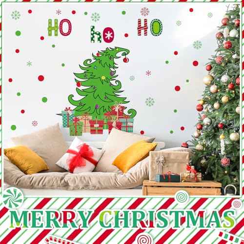 3 Sheets Christmas Wall Decals Red Green Christmas Sticker Xmas Tree Sign Decor Holiday Red Green Polka Dots Decals Gift Removable Wall Stickers for Xmas Holiday Home Decoration
