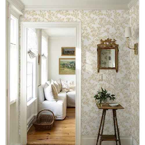 Ismoon Floral Peel and Stick Wallpaper Vintage Beige Contact Paper White Gold Stick on Wallpaper Textured Removable Self Adhesive Wall Paper for Bedroom Vinyl 17.3x78.7in