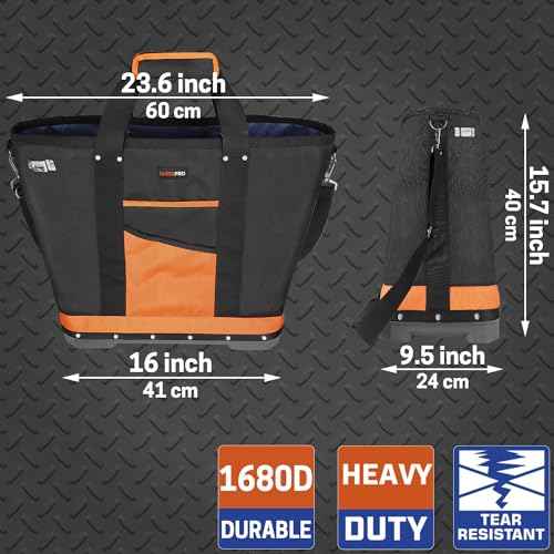 Tool Tote Bag, Open Top Tool Bag with Waterproof Hard Bottom and Shoulder Straps, Electrician Tool Bag Organizer Storage for HVAC Plumber Mechanic Automotive
