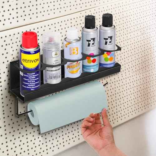 Cedilis 2 Pack Aerosol Spray Can Holder Rack with Paper Towel Holder, Wall Mounted Steel Spray Bottle Organizer, Black Spray Paint Can Holder for Garage and Workspace, Mounting Accessories Included