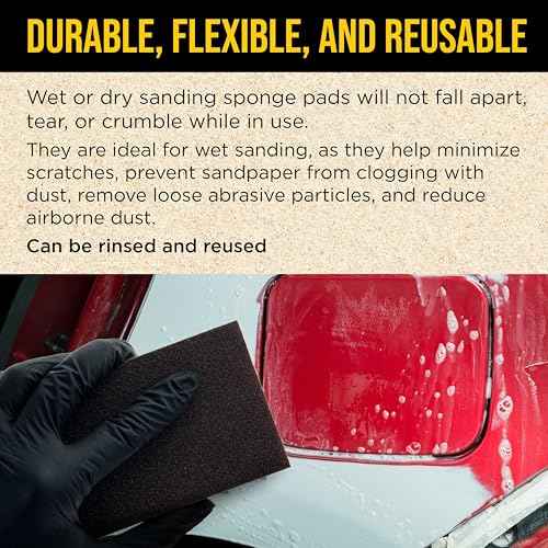 Dura-Gold 220 Grit 4-Sided Hand Sanding Block Sponges, Box of 6 - Performance Flex 3.9" x 2.75" x 1" Wet or Dry Flexible Sandpaper Abrasive Brick Pads, Reusable - Sand Wood, Drywall, Metal, Auto Paint