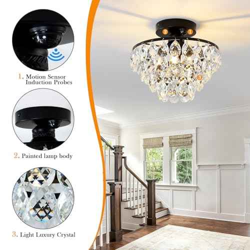 YYJLX Indoor Motion Sensor Ceiling Light Fixture Modern Cryatal Semi Flush Mount Ceiling Light Black Ovrehead Light Fixture for Porch Hallway Front Entryway Kitchen Hall Garage.