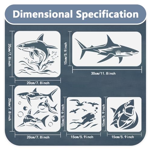 5Pcs Ocean Shark Wall Stencil Templates Reusable Plastic Marine Organism Stencils for Painting on Wood Wall Floor Fabric Glass Furniture, DIY Home Decor or Craft Stencil