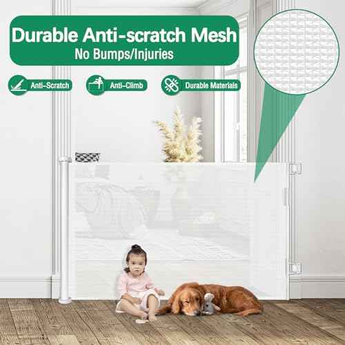 Retractable Baby Gates 55" Wide Retractable Dog Gate Indoor Mesh Baby Gate Retractable Gate Outdoor Dog Gate for Deck, Safety Gate Keeps Kids & Pets Contained, Stair Gate/Doorway Gate/Porch Gate/White
