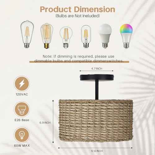 Boho Light Fixtures Ceiling Mount,12.6" Rattan Ceiling Light Fxiture,3-Light Semi Flush Mount Light Fixture,Farmhouse Wicker Ceiling Light for Hallway Bedroom Kitchen Nursery Entryway